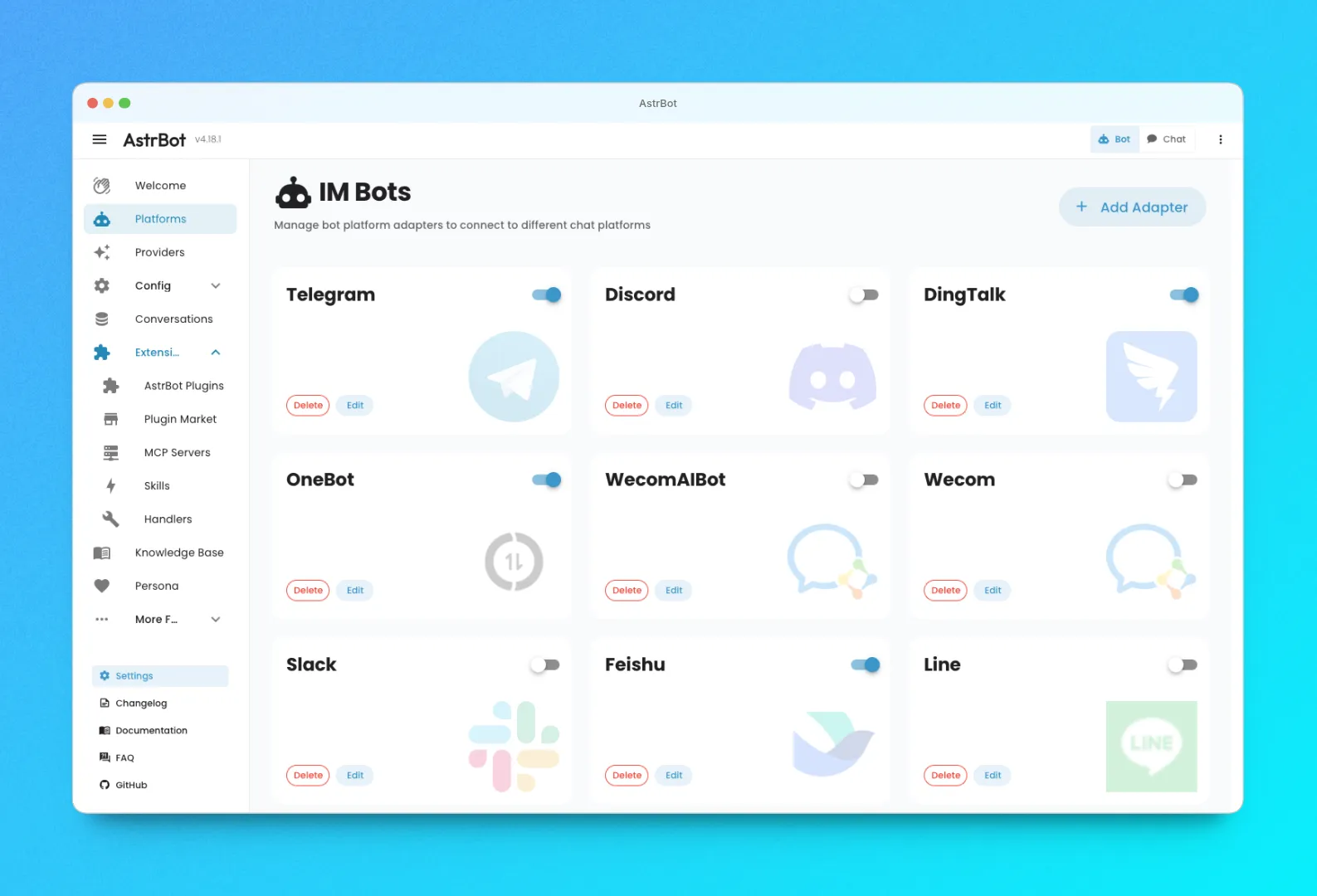 AstrBot 的 WebUI 后台管理面板，展示已安装的插件列表